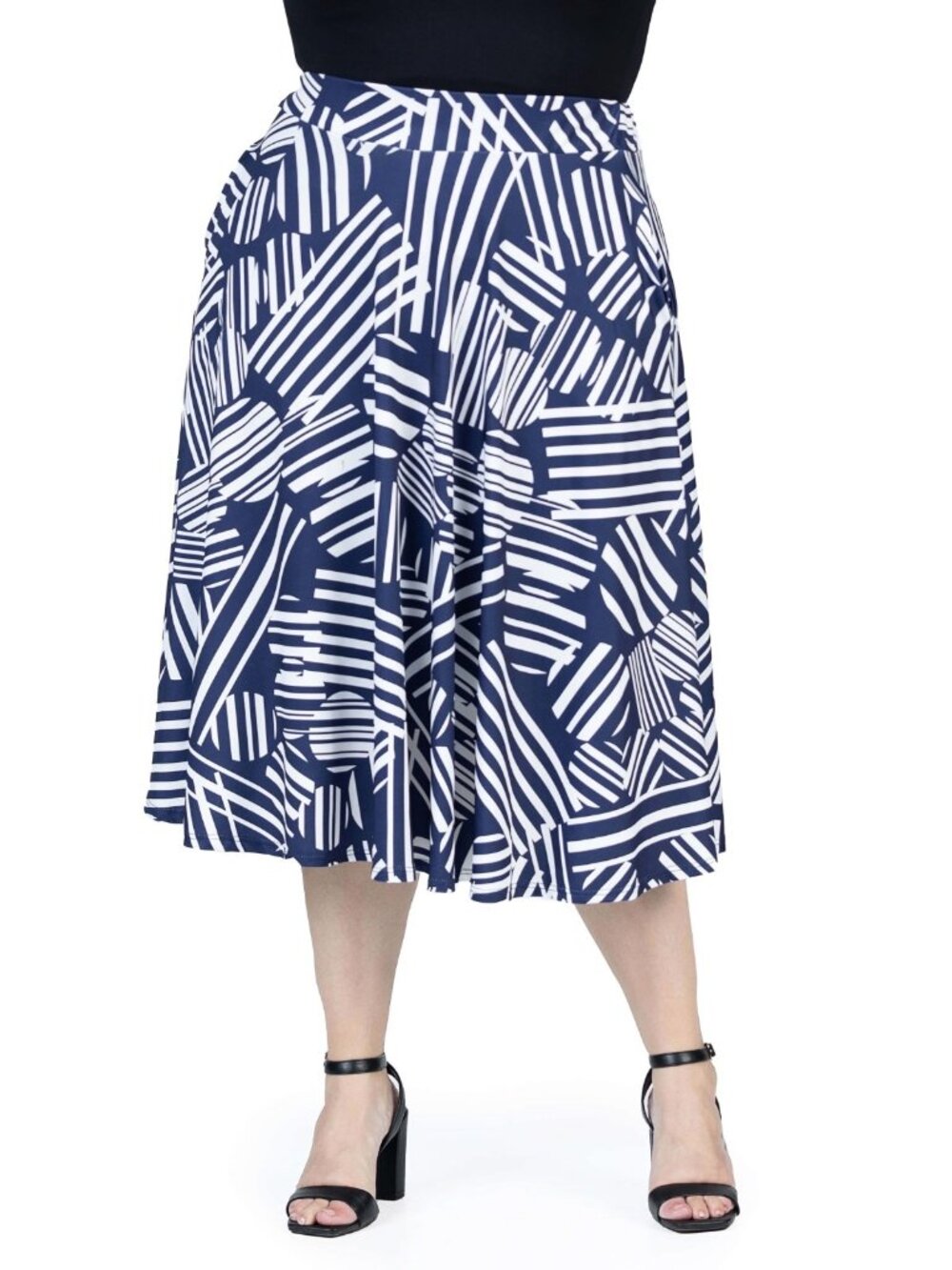 24seven Comfort Apparel Plus Size 3X Pleated Print Midi Skirt Pockets Blue $79